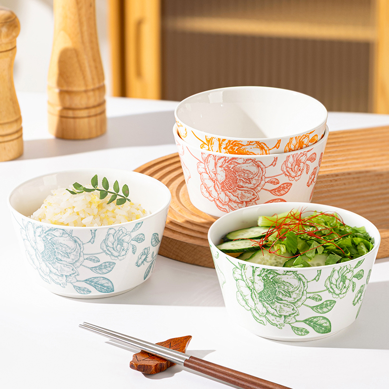 4只4.8英寸玫瑰花语米饭碗四色混装家用陶瓷餐具