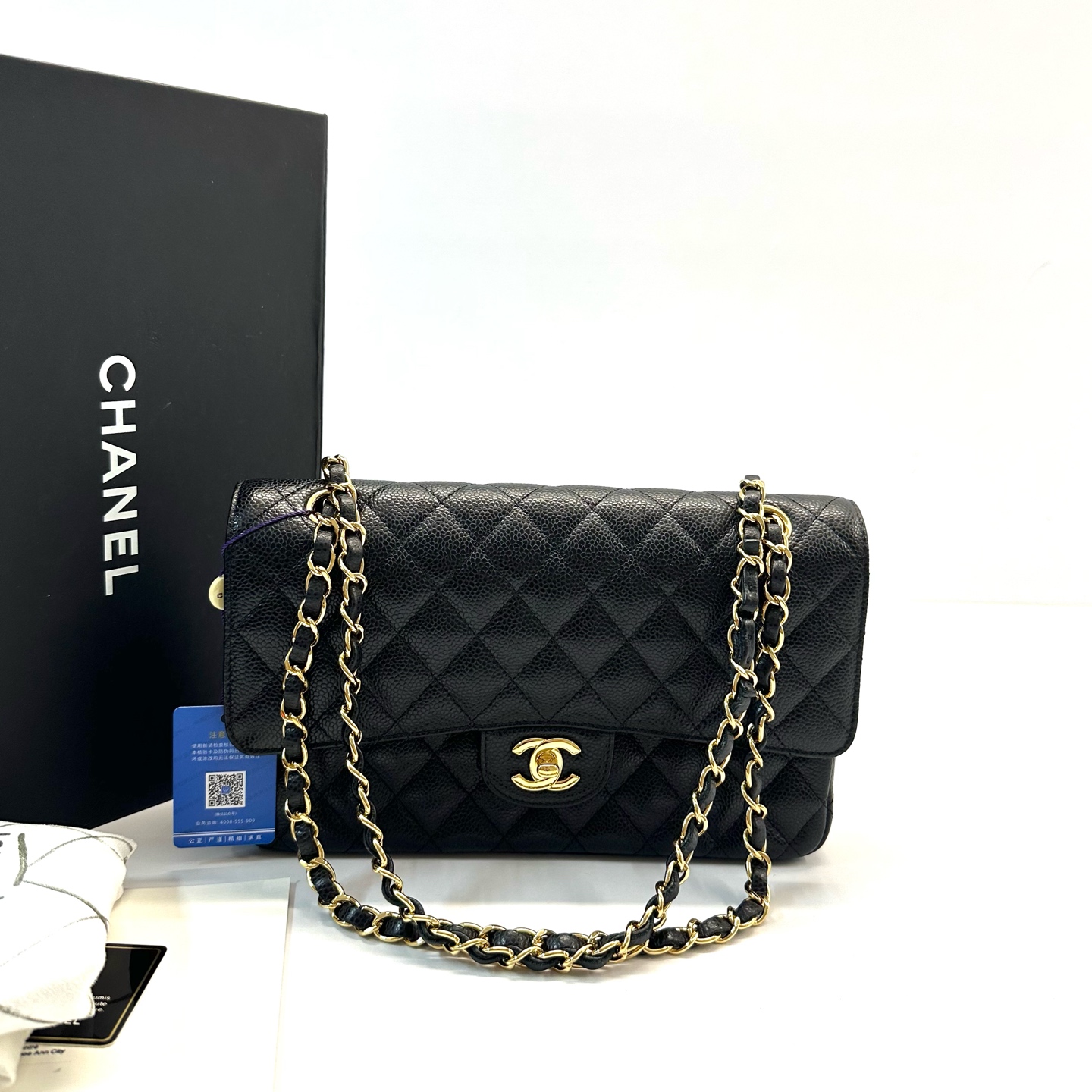 95新 Chanel/香奈儿 98新 CF系列 黑金荔枝纹牛皮链条包 