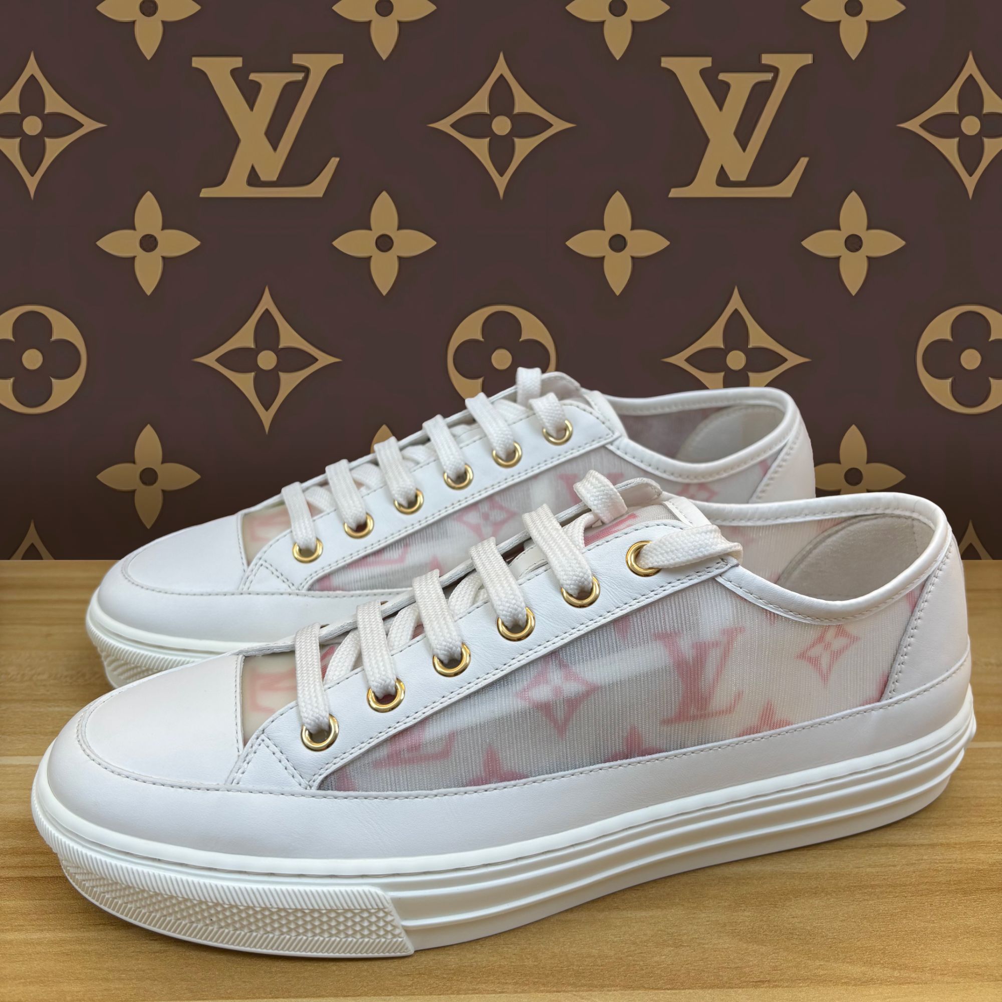 未使用 LouisVuitton/路易威登 网纱LV粉色老花满印系带时尚板鞋