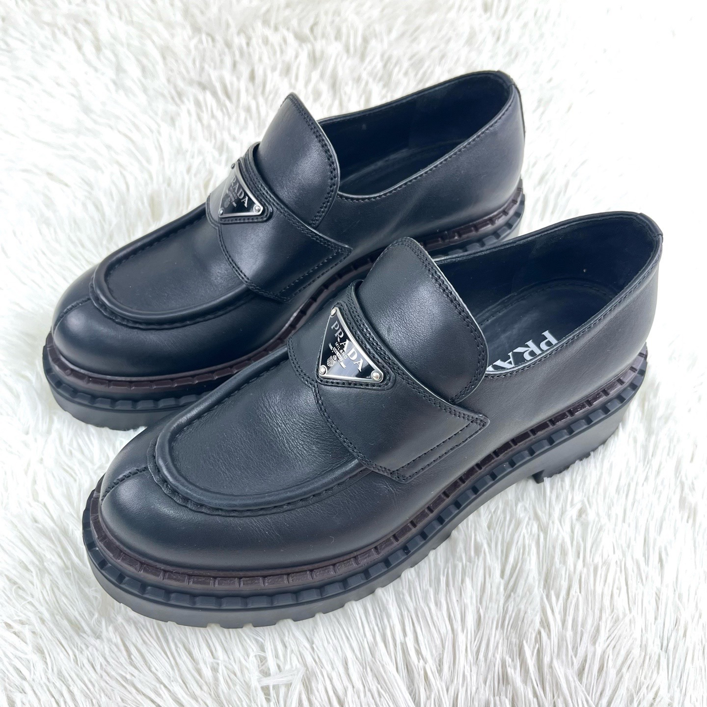 99新 Prada/普拉达 黑色三角标厚底乐福鞋36.5码
