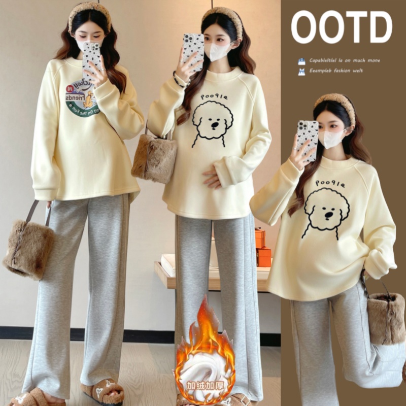 小个子孕妇装秋冬季加绒加厚卫衣2025时尚打底衫遮肚子不显怀潮妈