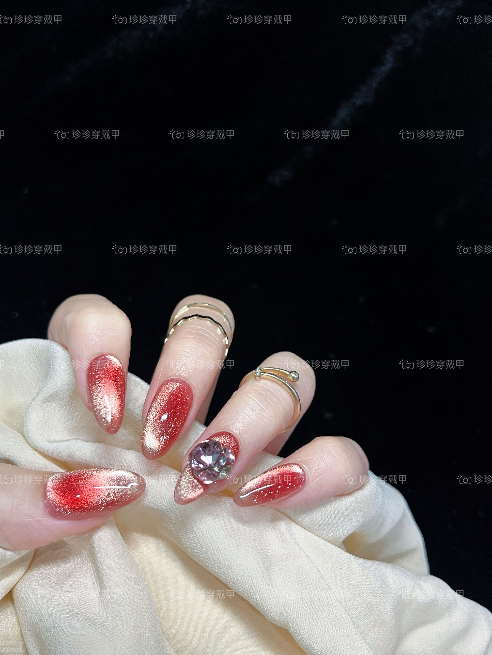 【果冻红】珍珍手工穿戴甲高级感显白腮红晕染猫眼镶钻可拆卸美甲