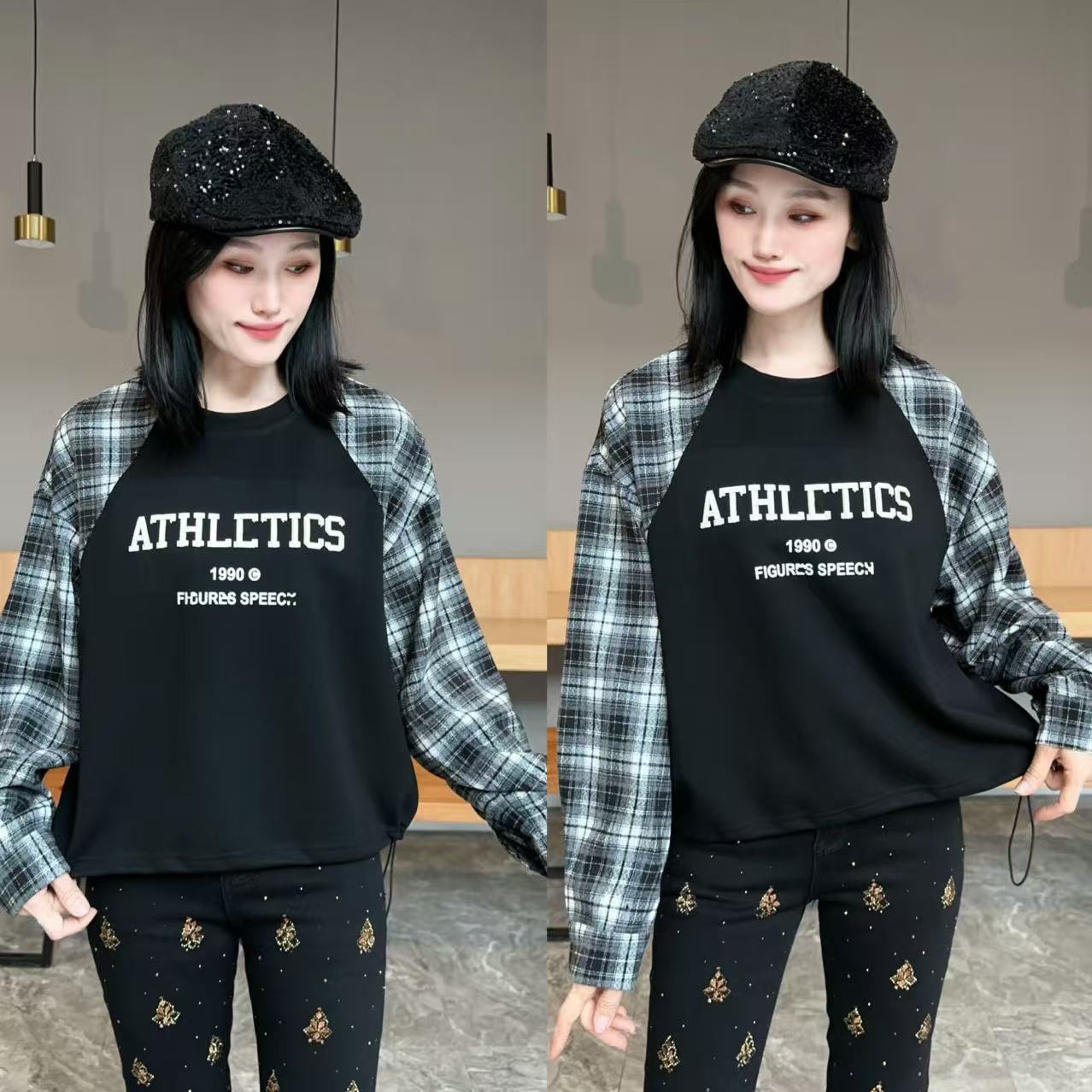 【YJ·高定】2025早秋新款设计感宽松百搭显瘦格子拼接卫衣女 YY3092