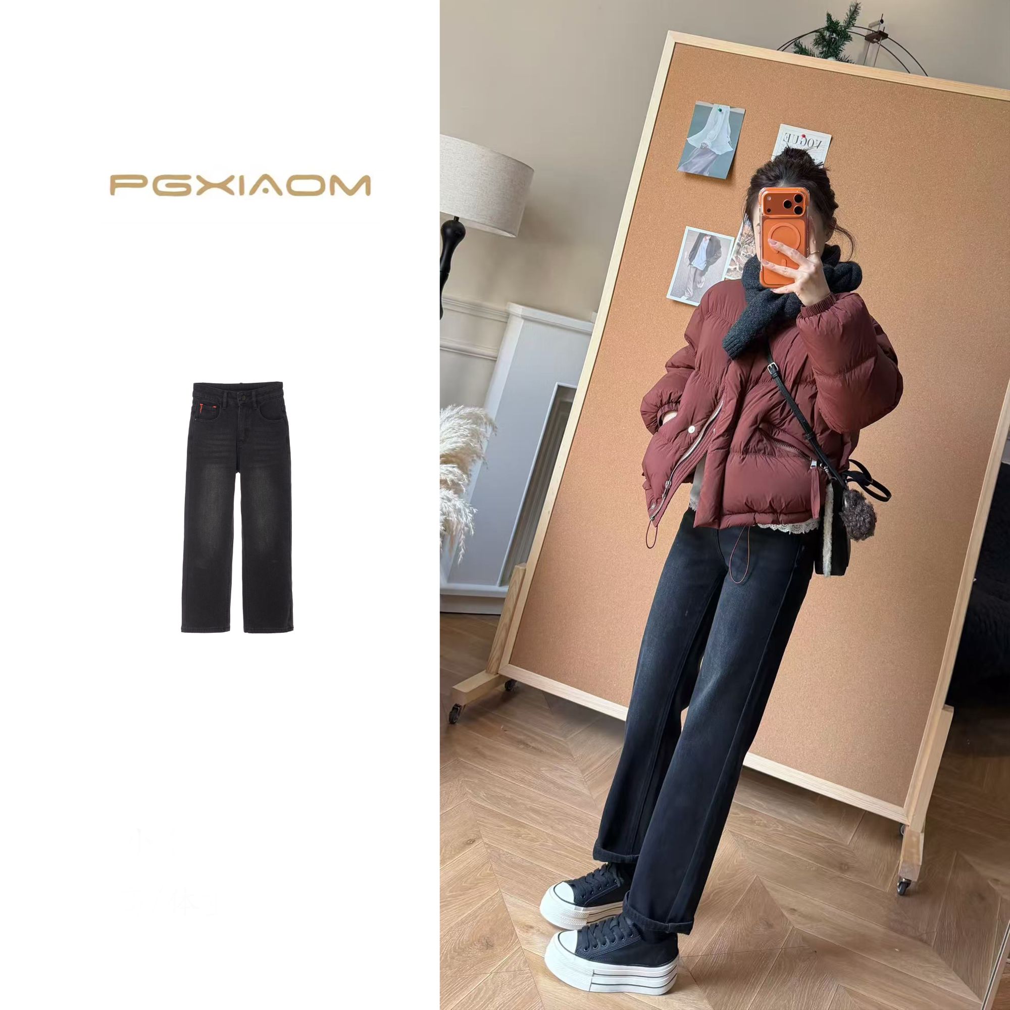 【PGXIAOM】润秀定制黑色九分加绒弹力牛仔烟管裤KZ10555          