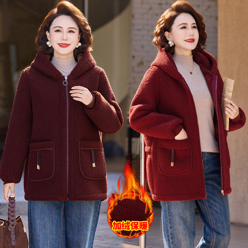 中老年女装冬季新款加绒加厚中长款外套女大码妈妈冬装颗粒绒棉袄