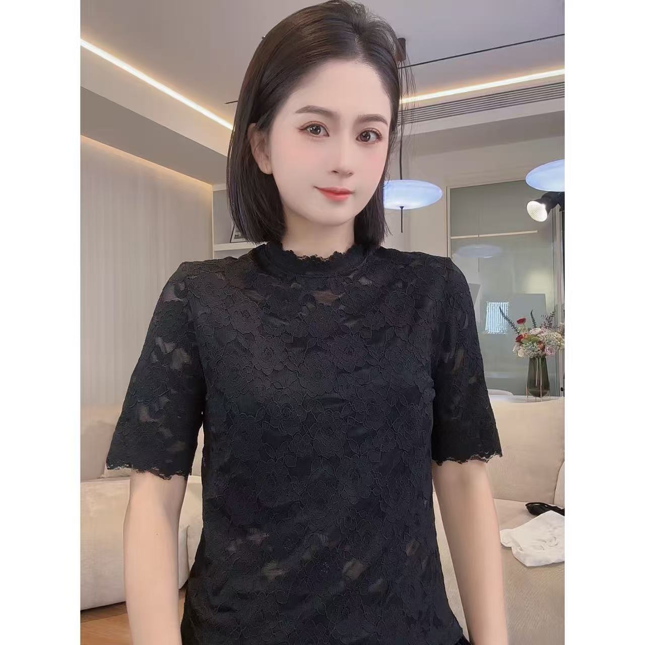 NANAKIKI【花艺】早秋气质显瘦蕾丝提花国风打底T恤KK-6055
