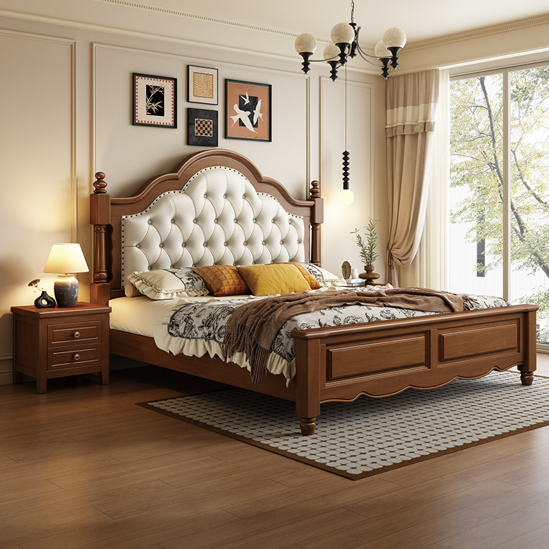 法式复古风主卧室软靠实木床家用中古风双人床轻奢榫卯大床