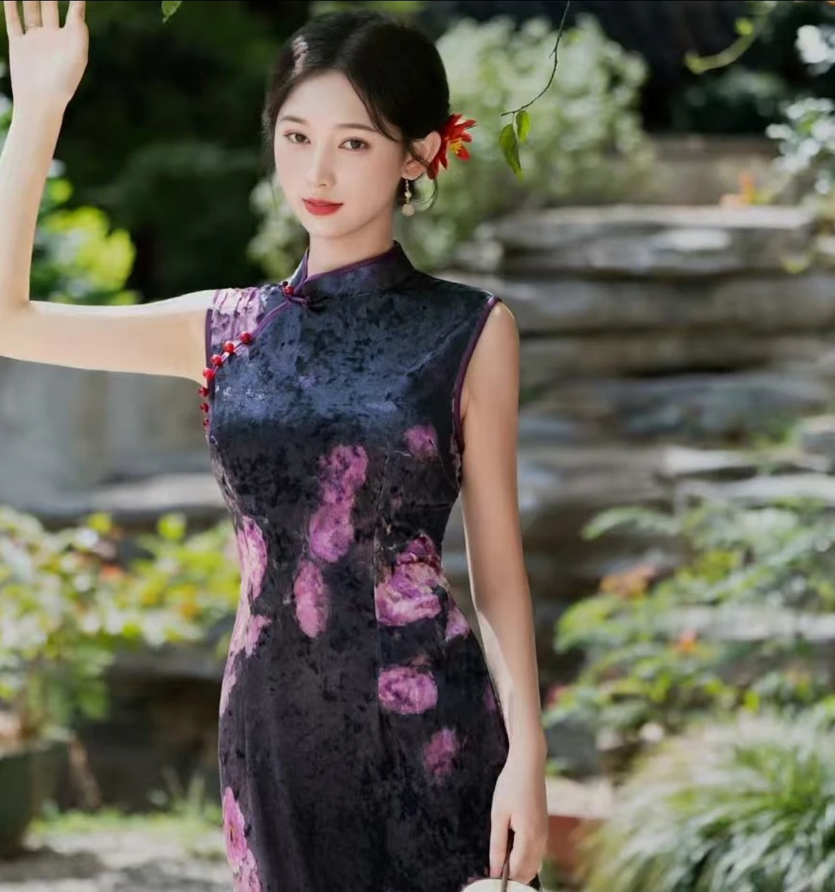 XJ-新中式复古Z丝绒黑紫色无袖旗袍