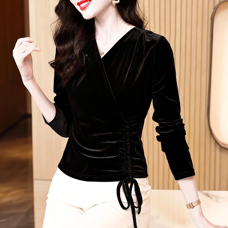金丝绒t恤打底衫女士春秋冬季2024年新款洋气v领高端内搭长袖上衣