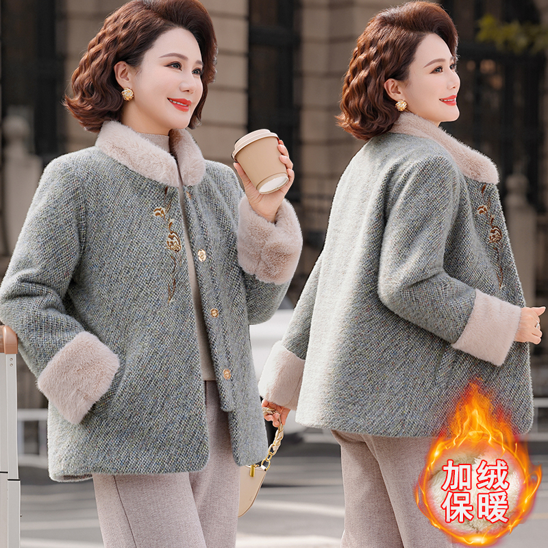 妈妈款冬装外套加绒加厚50多岁中老年女秋冬洋气新中式毛呢子上衣