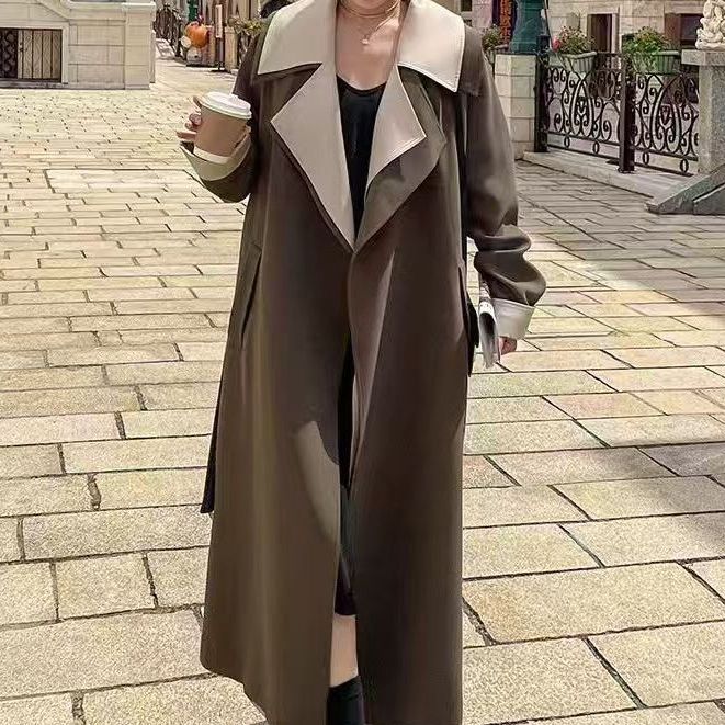 （嘻宝）【高冷大嫂】太好看显瘦拼接假两件长款风衣（加棉）6629