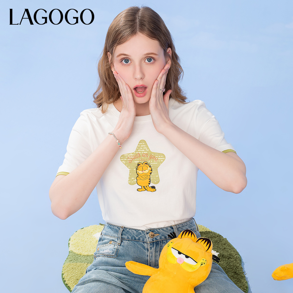 lagogo拉谷谷新款加菲猫联名百搭舒适T女NATT313A03