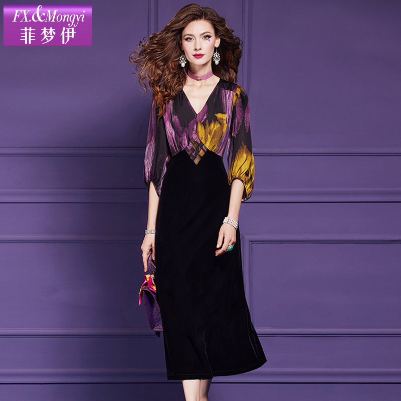 菲梦伊新款气质V领时尚拼接显瘦A摆丝绒连衣裙59631