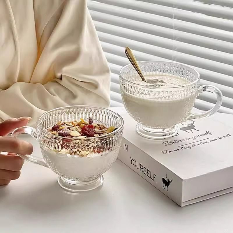 【疆藏包邮】太阳花玻璃杯复古浮雕燕麦牛奶杯家用带把高颜值水杯子