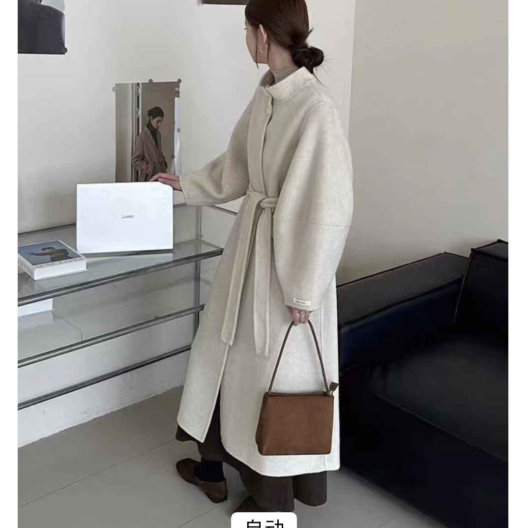 网红爆款韩系加厚牦牛绒绵双面呢大衣系带收腰设计