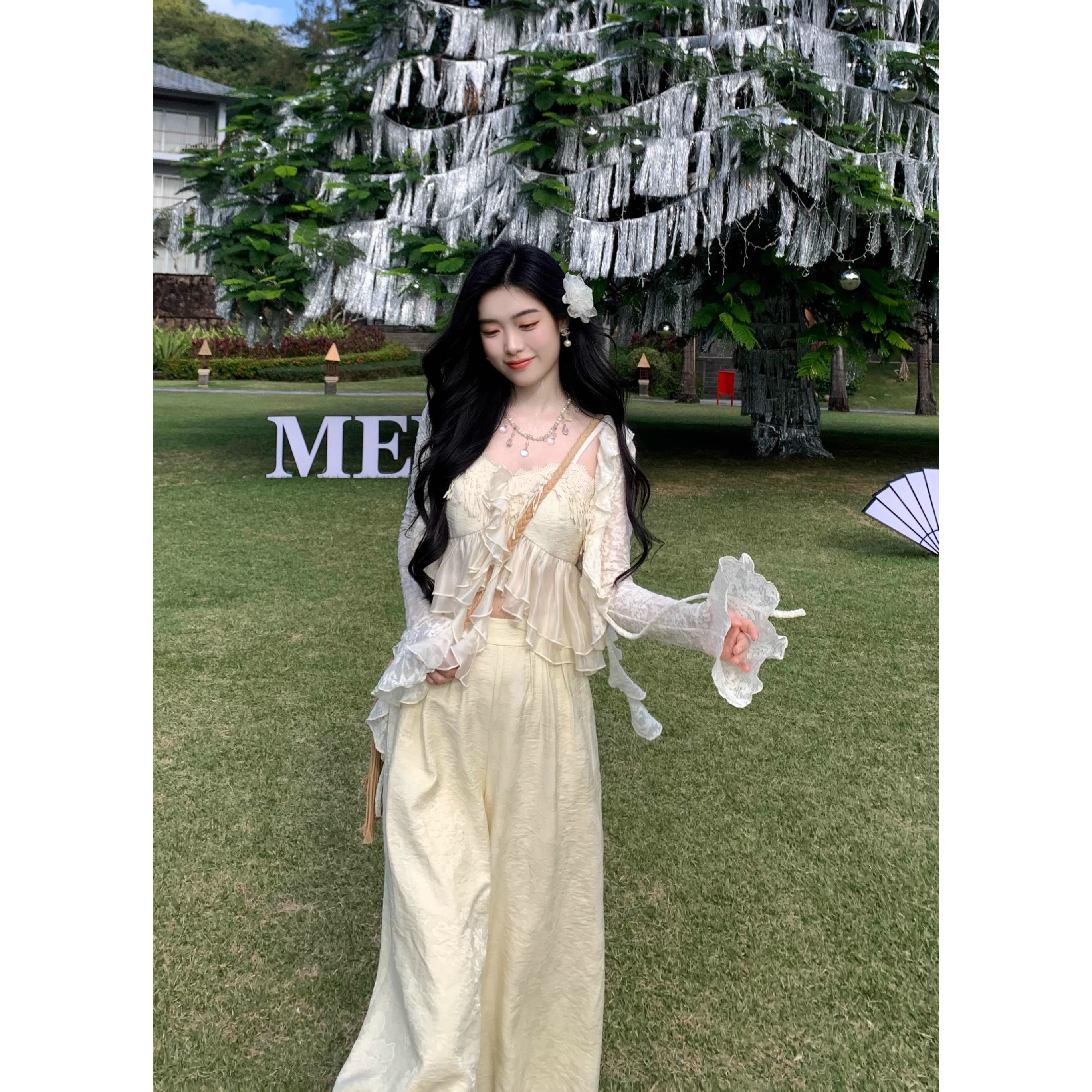 木耳花边蕾丝开衫2025春季绣花V领防晒多层纱上衣阔腿裤三件套装