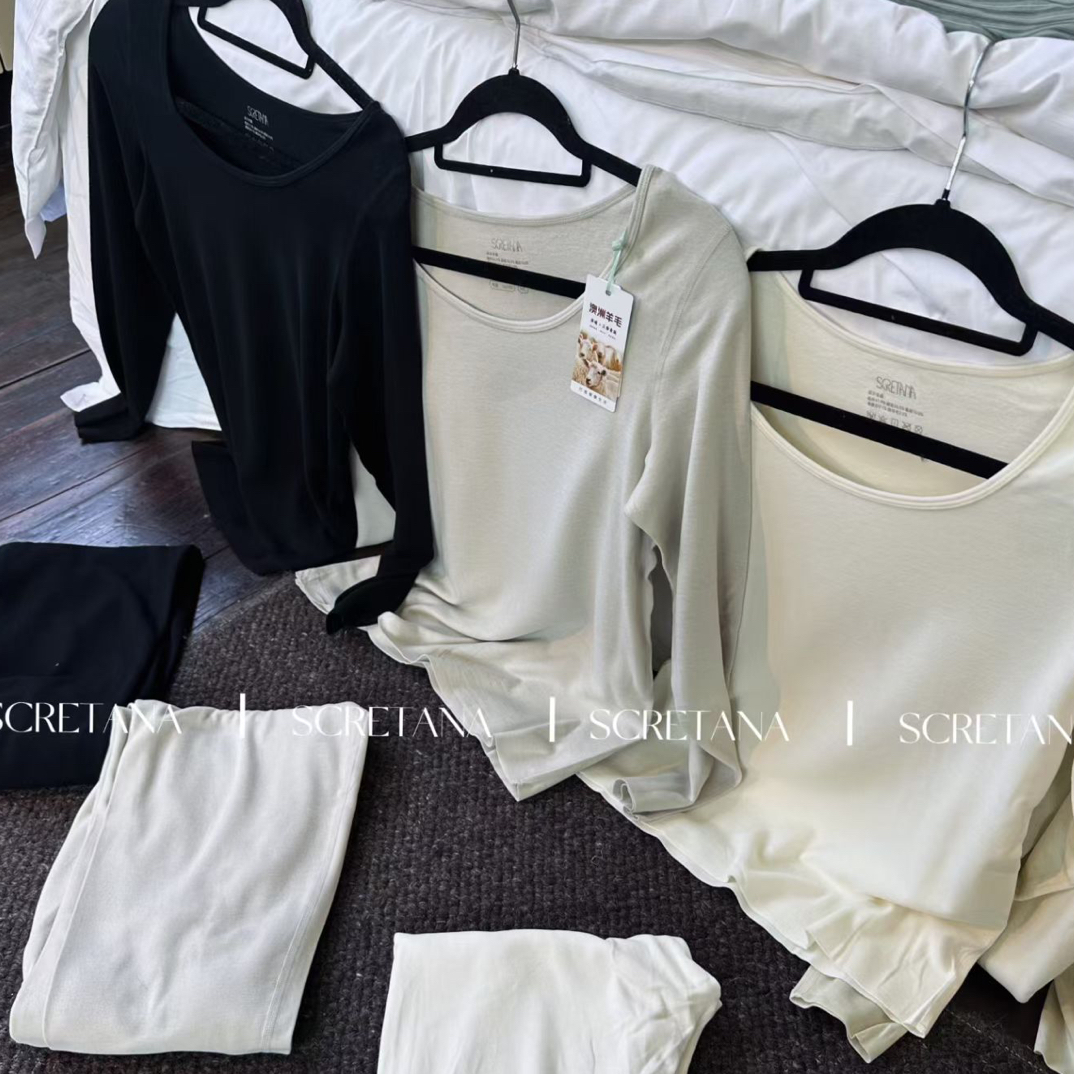 冬季新款带胸垫圆领长袖发热修身女士内搭保暖内衣套装