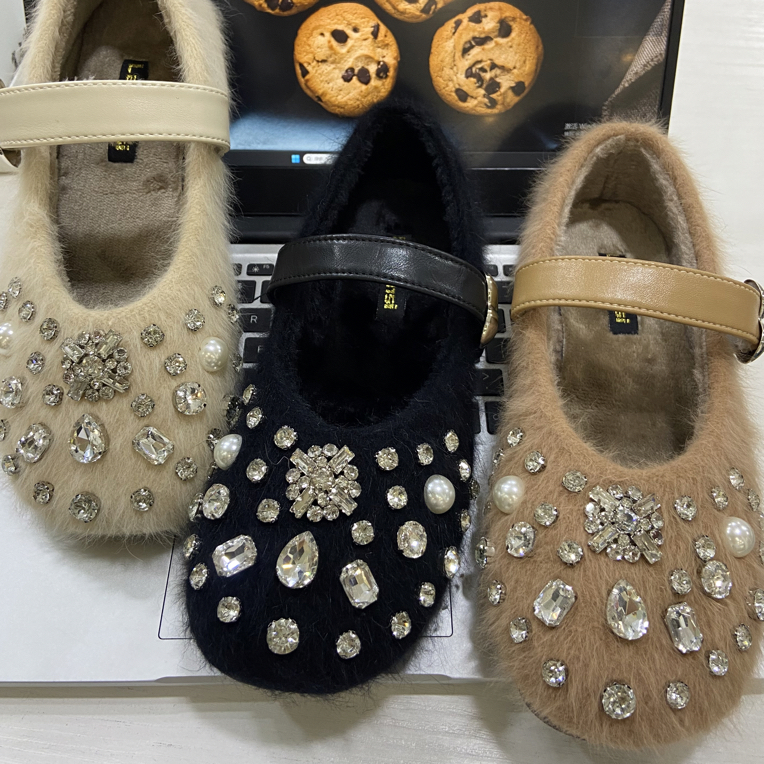 518-1 法式平底浅口玛丽珍鞋新款秋冬韩版水钻加绒毛毛单鞋豆豆鞋