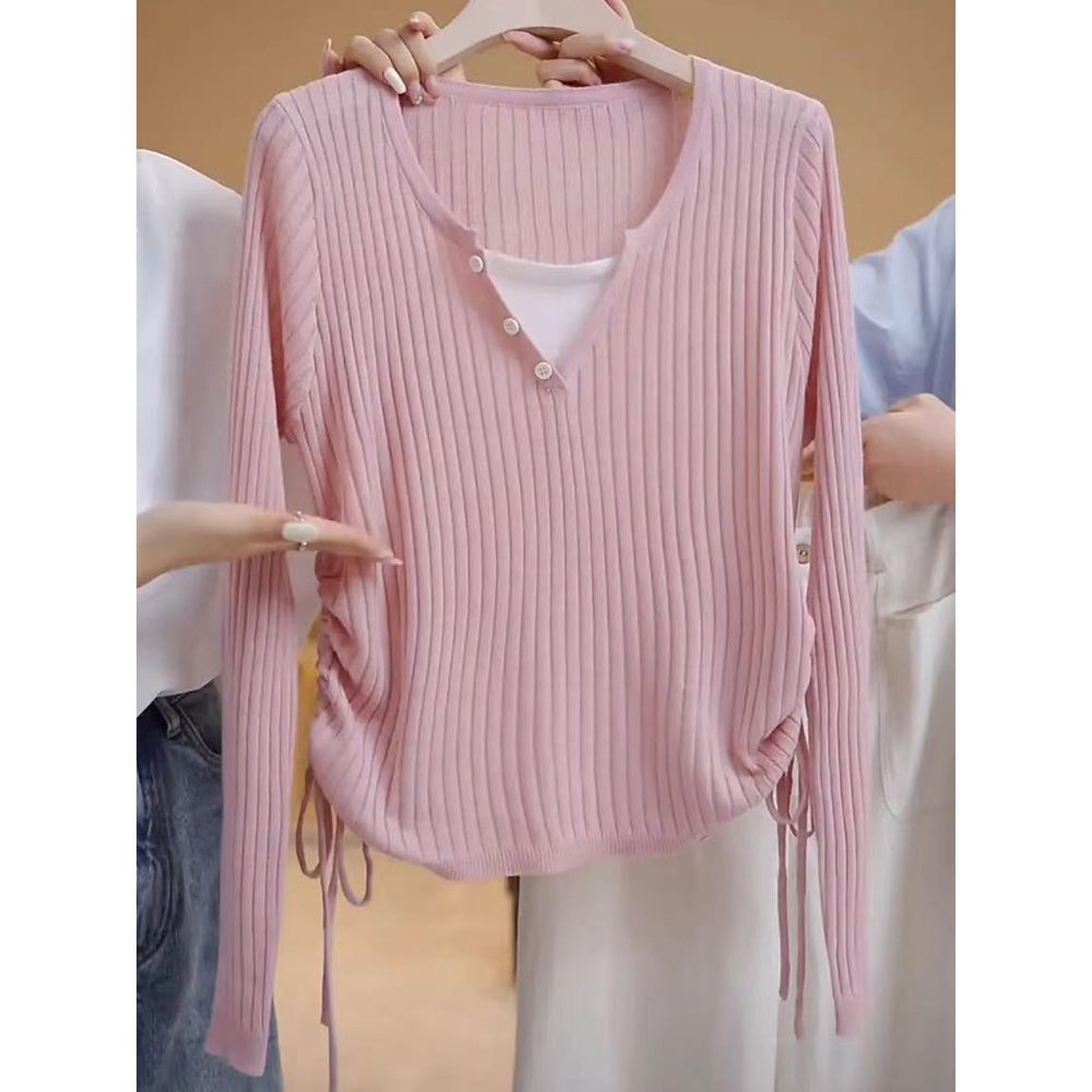 假两件抽绳v领针织衫长袖秋季大码微胖mm显瘦独特超好看打底上衣