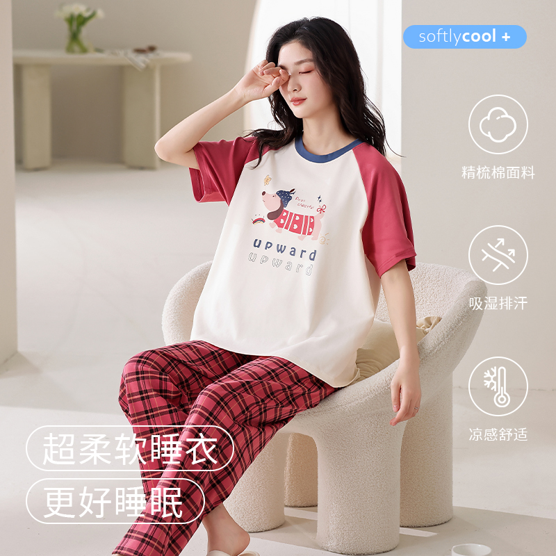 新款系睡衣女夏纯棉短袖长裤甜美薄款全棉休闲夏天家居服套装