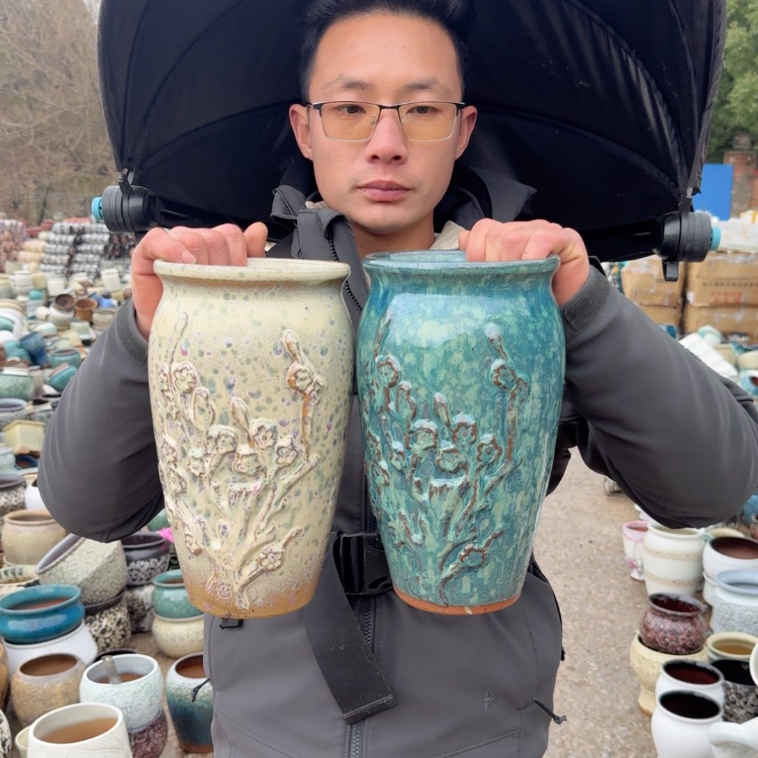 紫砂花盆口14.5高26（两个喜上眉梢文林