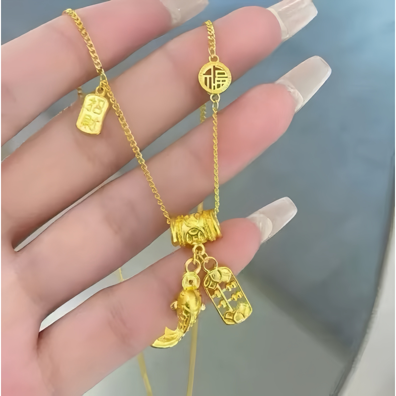 铜合金项链 金色招财福牌锦鲤算盘项链女毛衣链