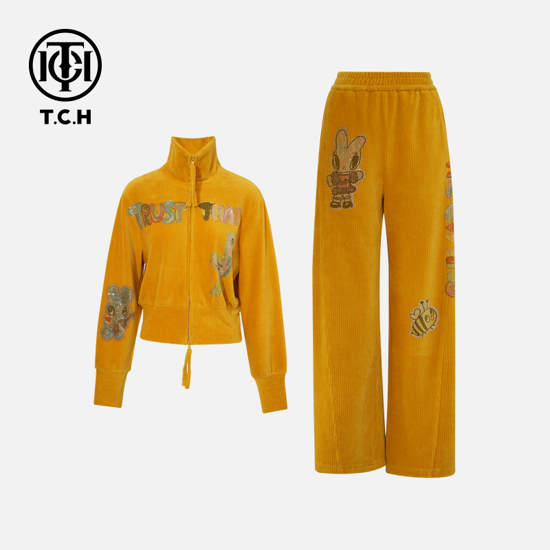 TCH私服秋季氛围感烫钻时尚淑女气质黄色套装T75D07E5002轻奢tch