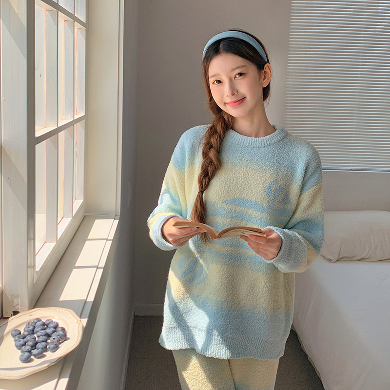 半边绒居家服睡衣套装保暖加绒高档可外穿秋冬家居服