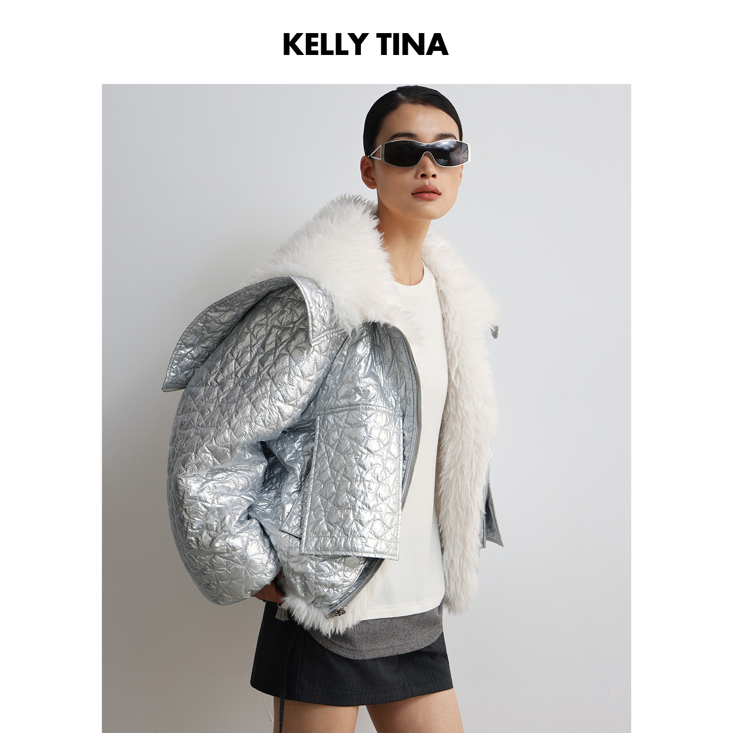 KELLY TINA银翼暖境未来感双面短款连帽外套设计师休闲百搭