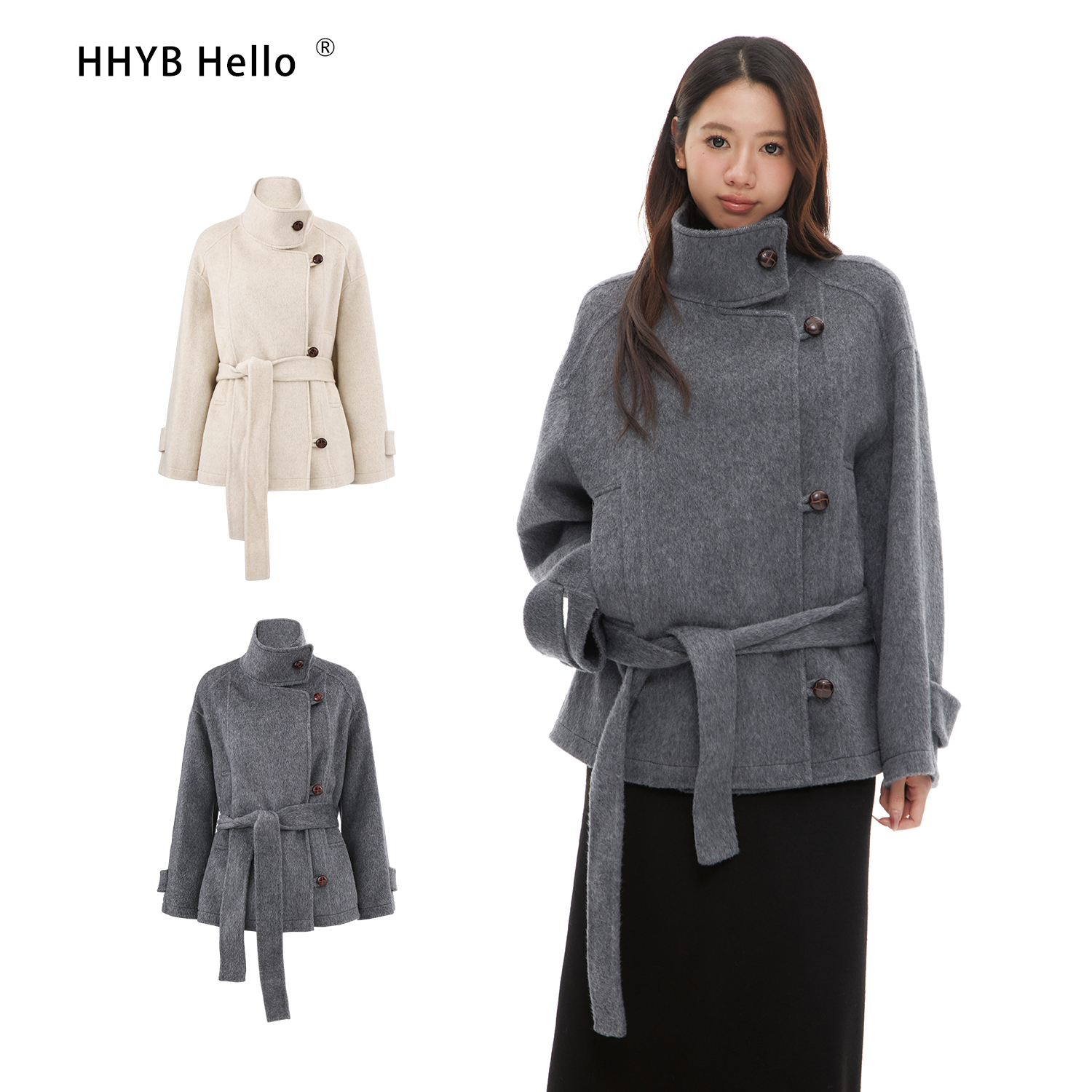 HHYB Hello2025秋冬季新款廓形全羊毛立领双面呢大衣女外套H70038