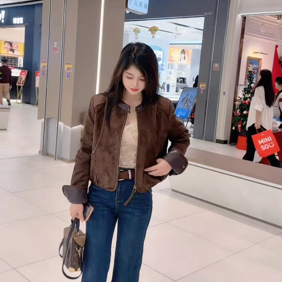 【海南肉丝】66123鹿皮绒夹棉立领短款外套