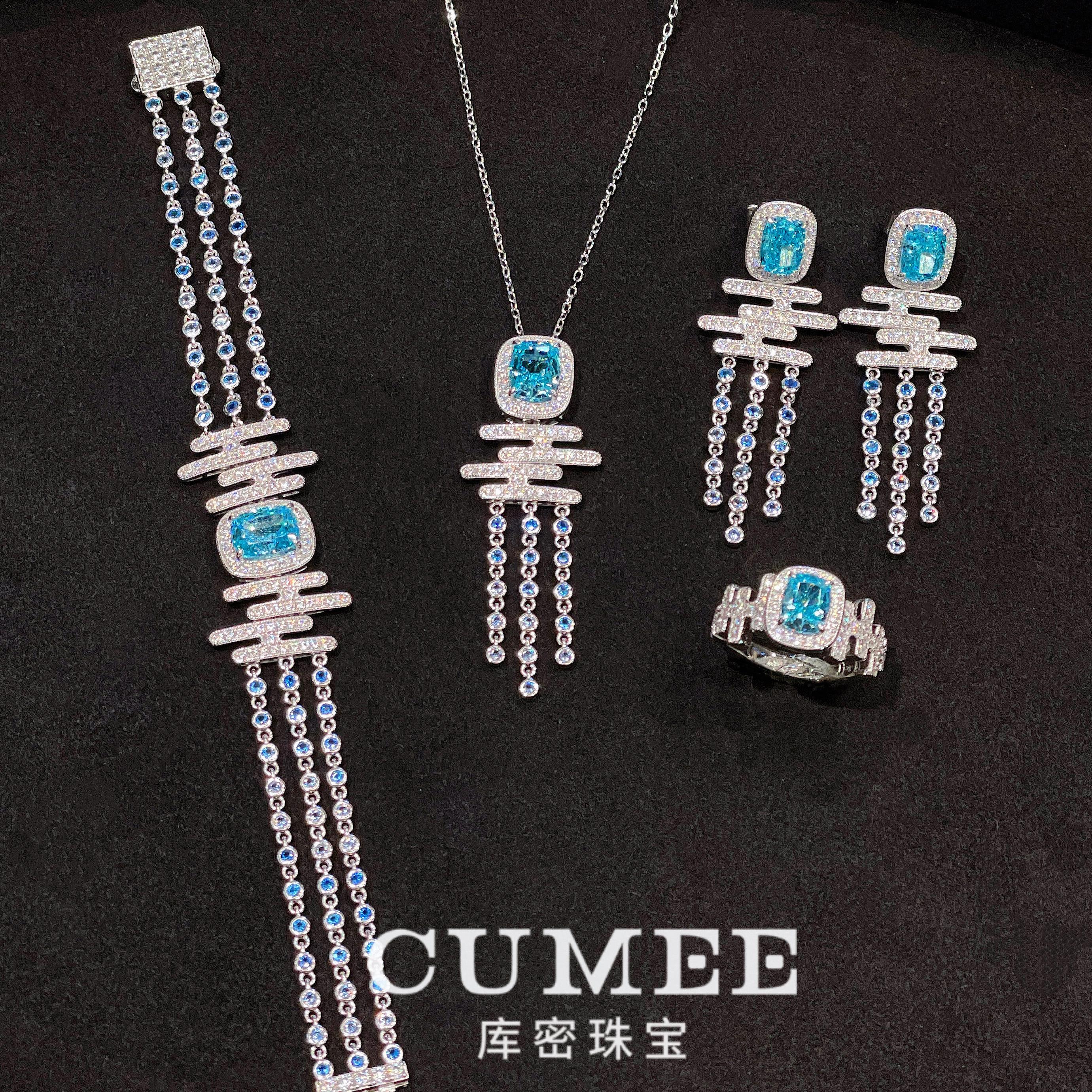 吊坠925银 CUMEE 新中式 流云系列设计师款人工海蓝色戒指手链
