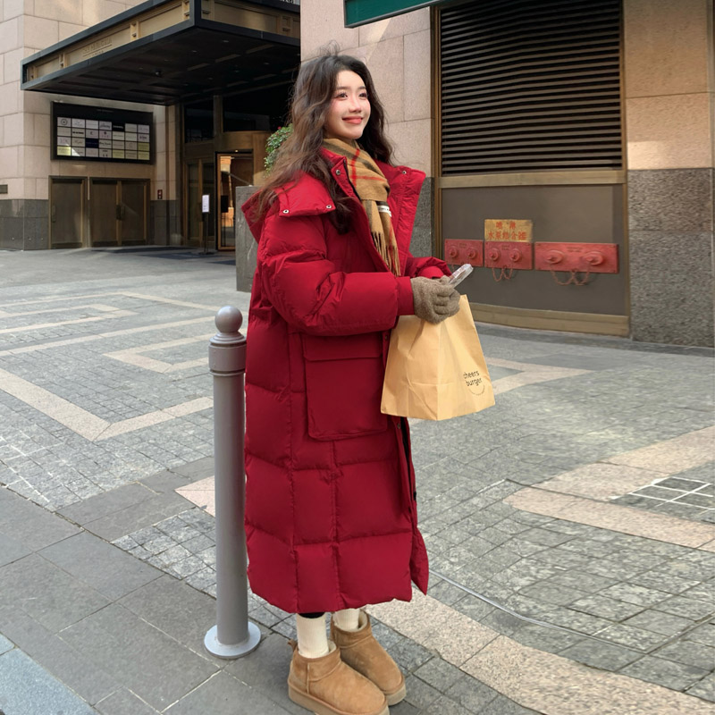 潮碧梵300斤大码红色连帽棉服女胖mm冬季新款高级感中长款棉衣潮