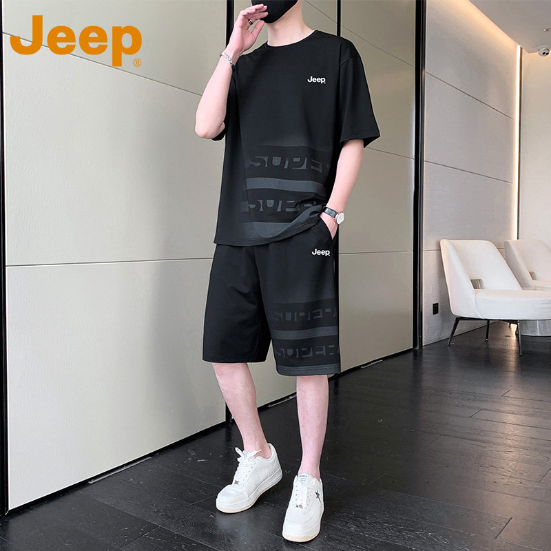 JEEP吉普运动套装男士夏季薄款休闲短袖短裤冰丝速干宽松两件套男