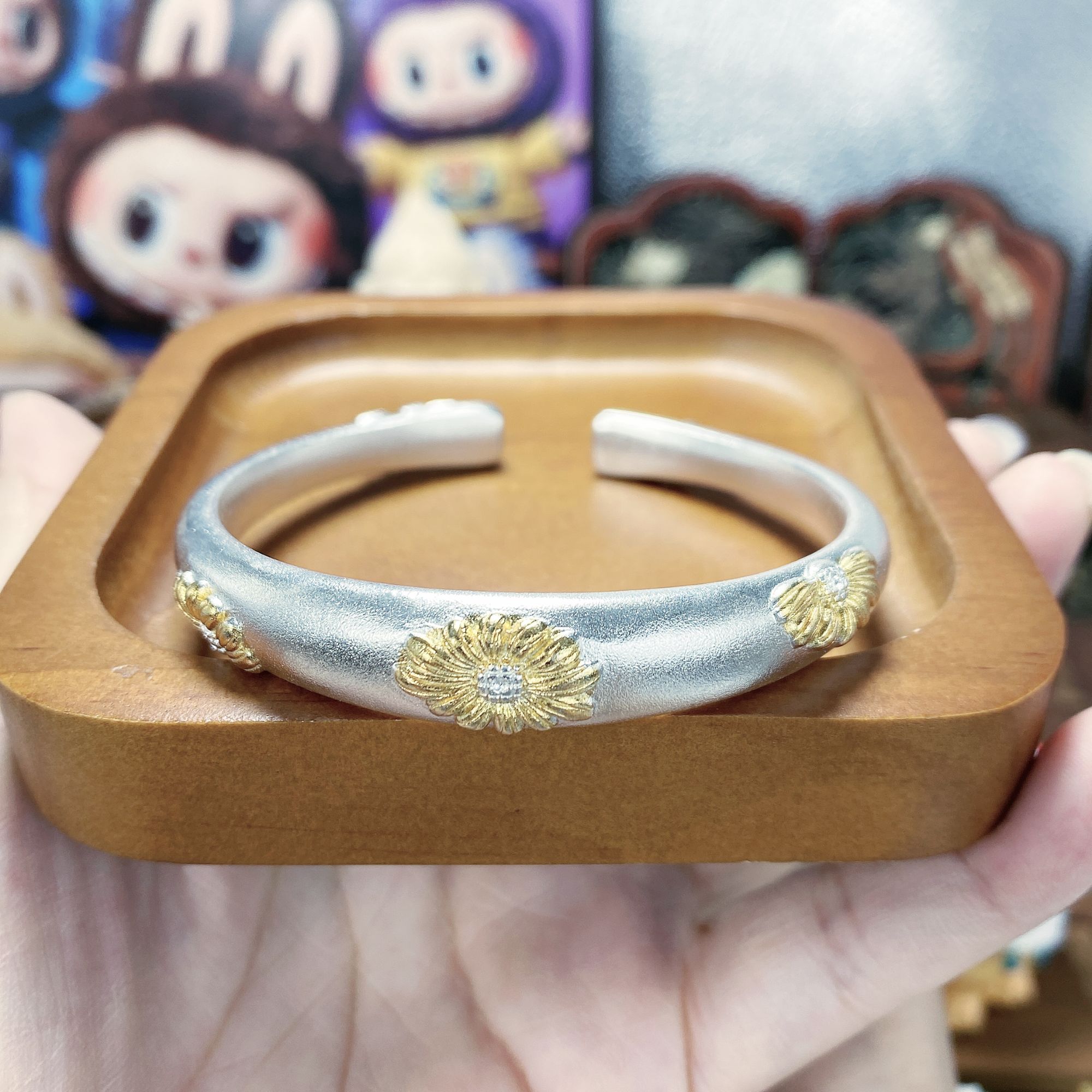 足银手镯 46号【向日葵】足银999太阳花手镯彩银宫廷风百搭实心50克