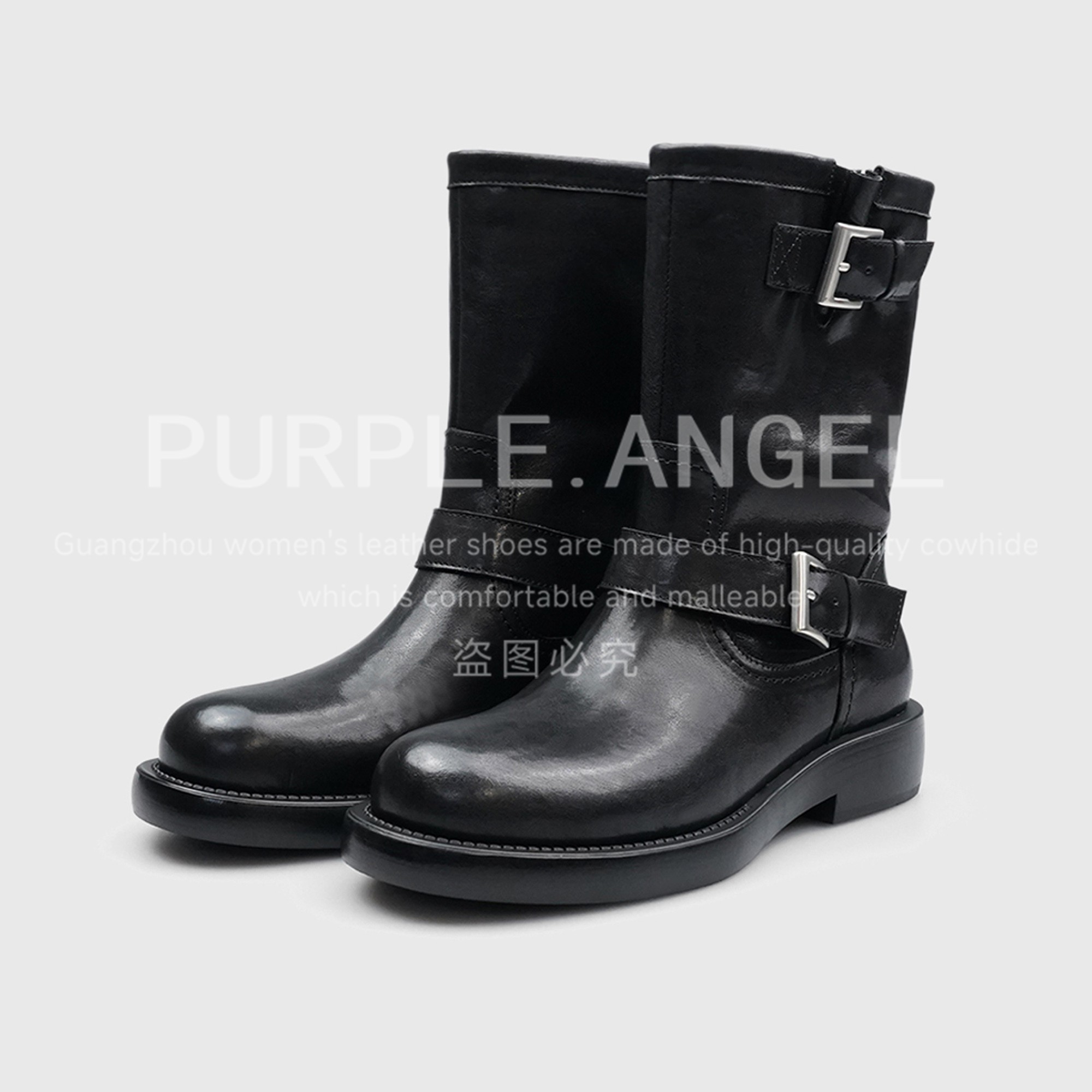 Purple Angel轻奢/2025新款法式骑士靴气质女靴低跟短靴29125