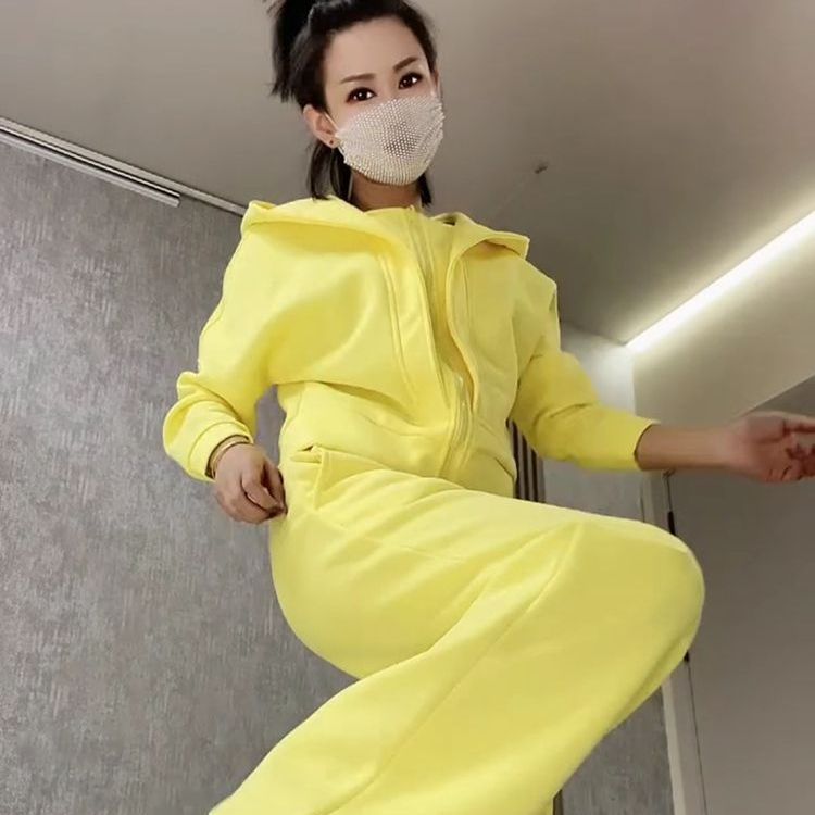 春秋季长袖连帽短外套阔腿裤两件套女宽松气质显瘦时尚运动套装潮