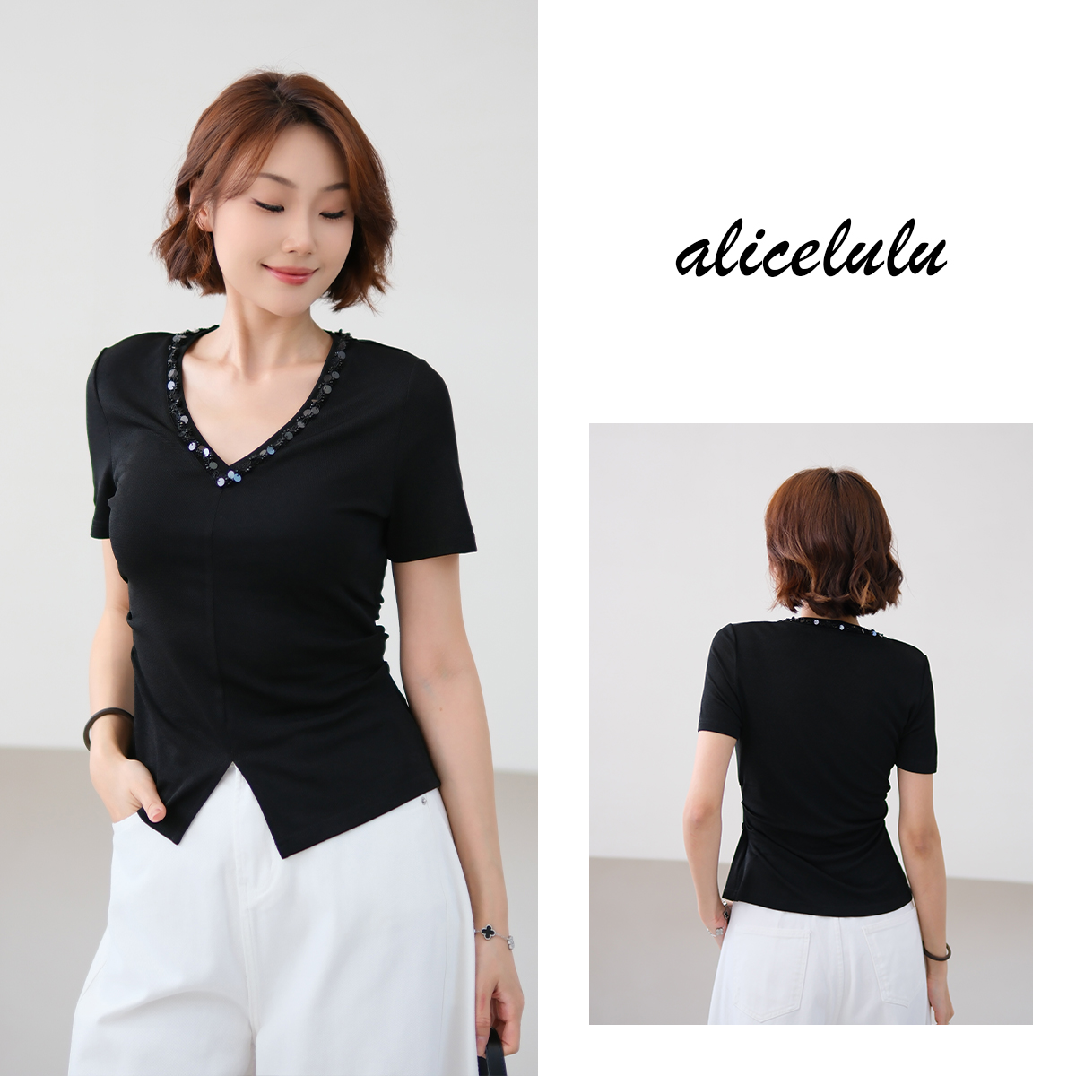 6 [alicelulu]重工亮片V领气质修身上衣百搭减龄S2142445E