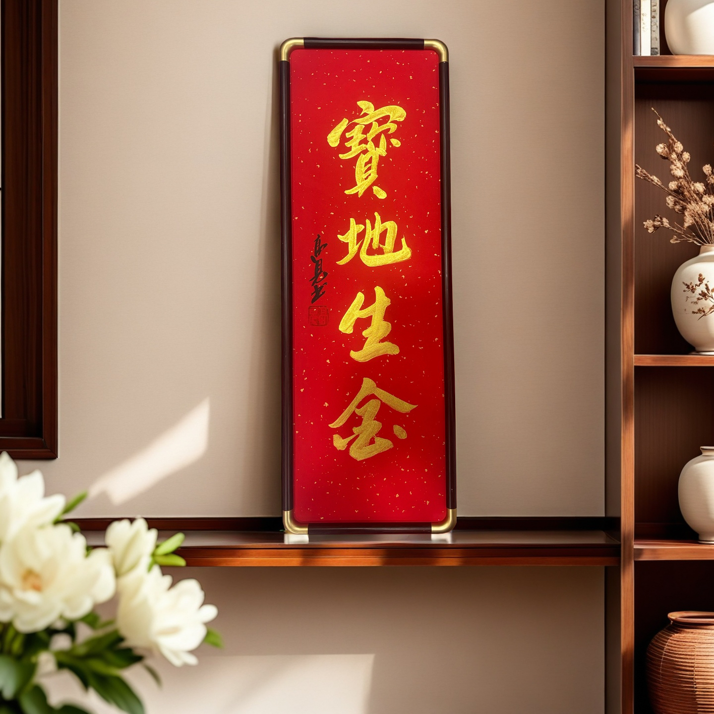 【宝地生金】70*25竖款书法作品带框装裱客厅玄关装饰挂