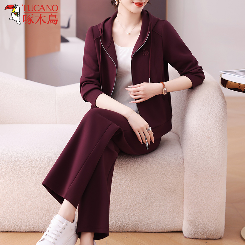 啄木鸟洋气妈妈春装运动服套装中年女士连帽外套中老年春秋两件套