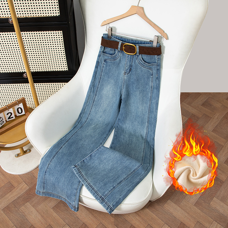 单裤/加绒高腰阔腿喇叭牛仔裤女弹力宽松显瘦百搭加厚裤9872