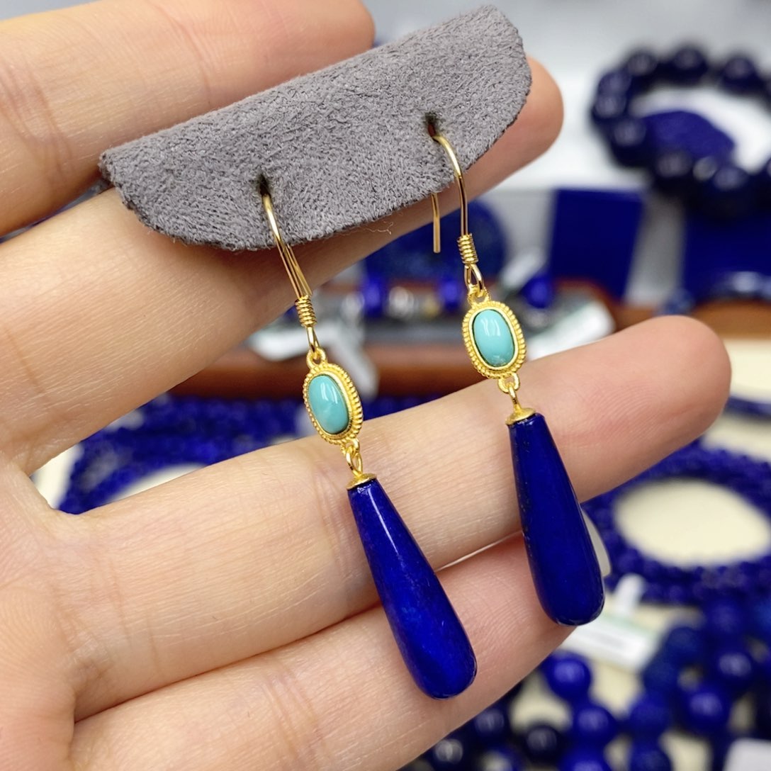 青金石耳饰银S925镀金镶嵌