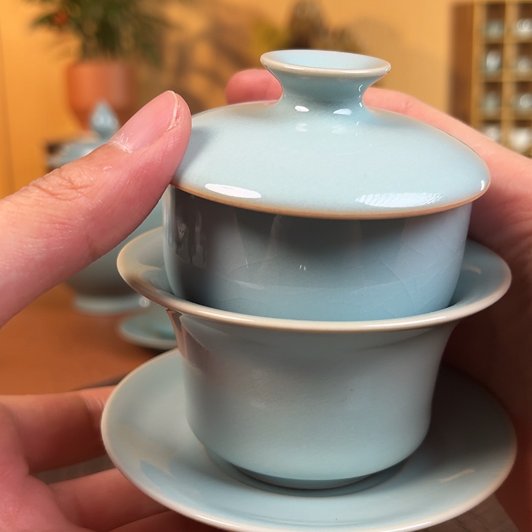 瓷片茶*天青釉小马蹄盖碗福利11111