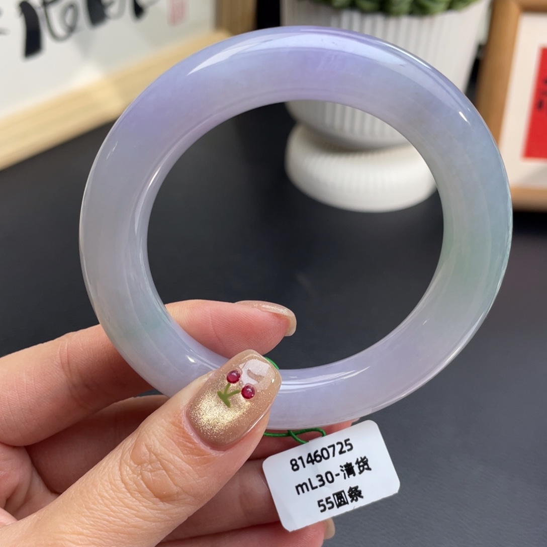 翡翠未镶嵌手镯大胖圆条55冰春彩 