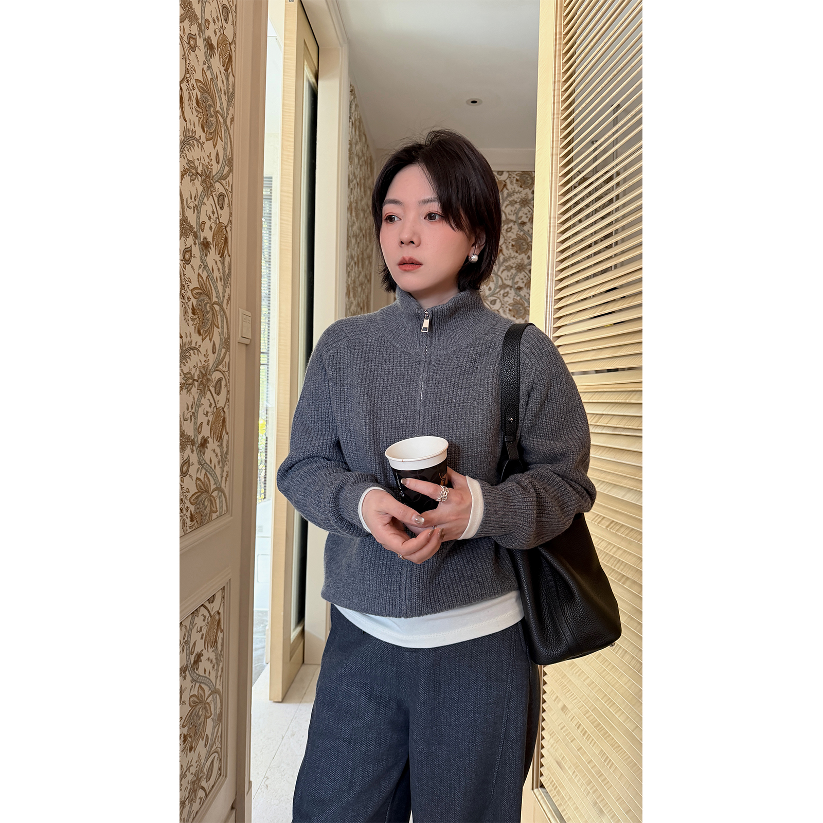 苏安家 立领翻领两穿毛衣开衫