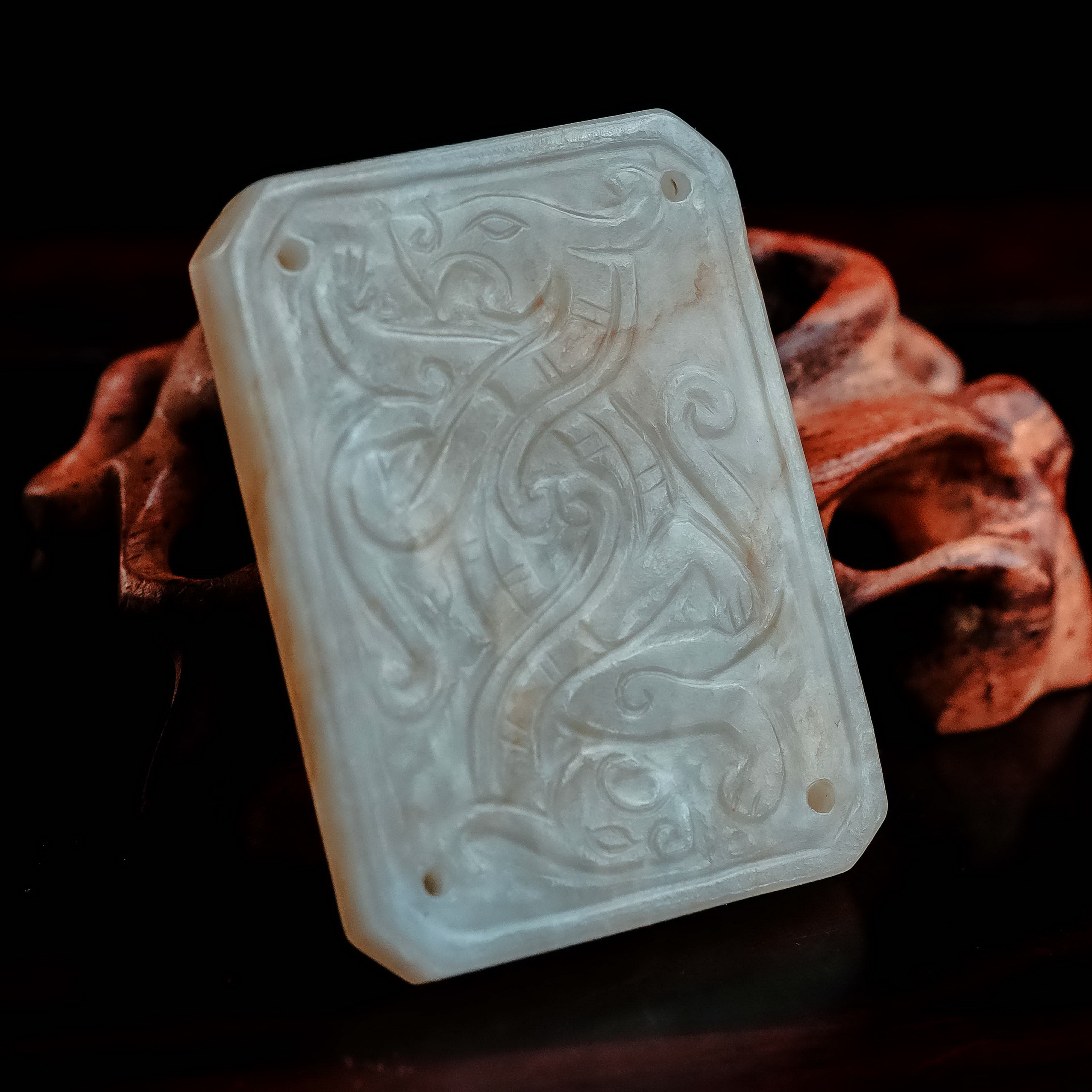 明代和田玉龙纹带板-NX