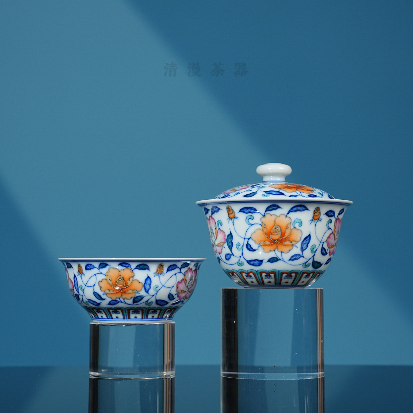 玗琪轩柴窑斗彩月季花茶器 景德镇手绘青花全手工茶具盖碗 