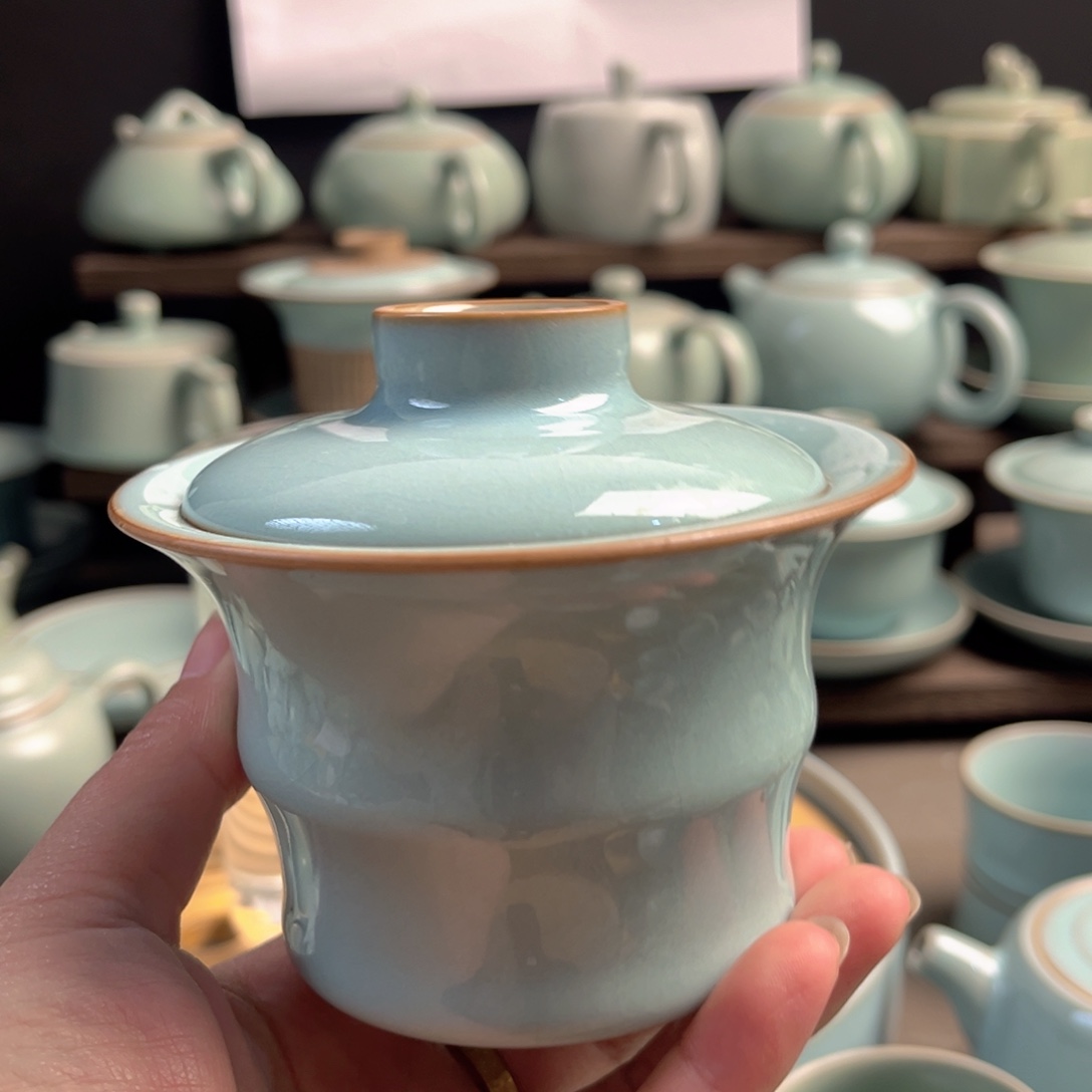 陶其他瓷天青釉竹节盖碗