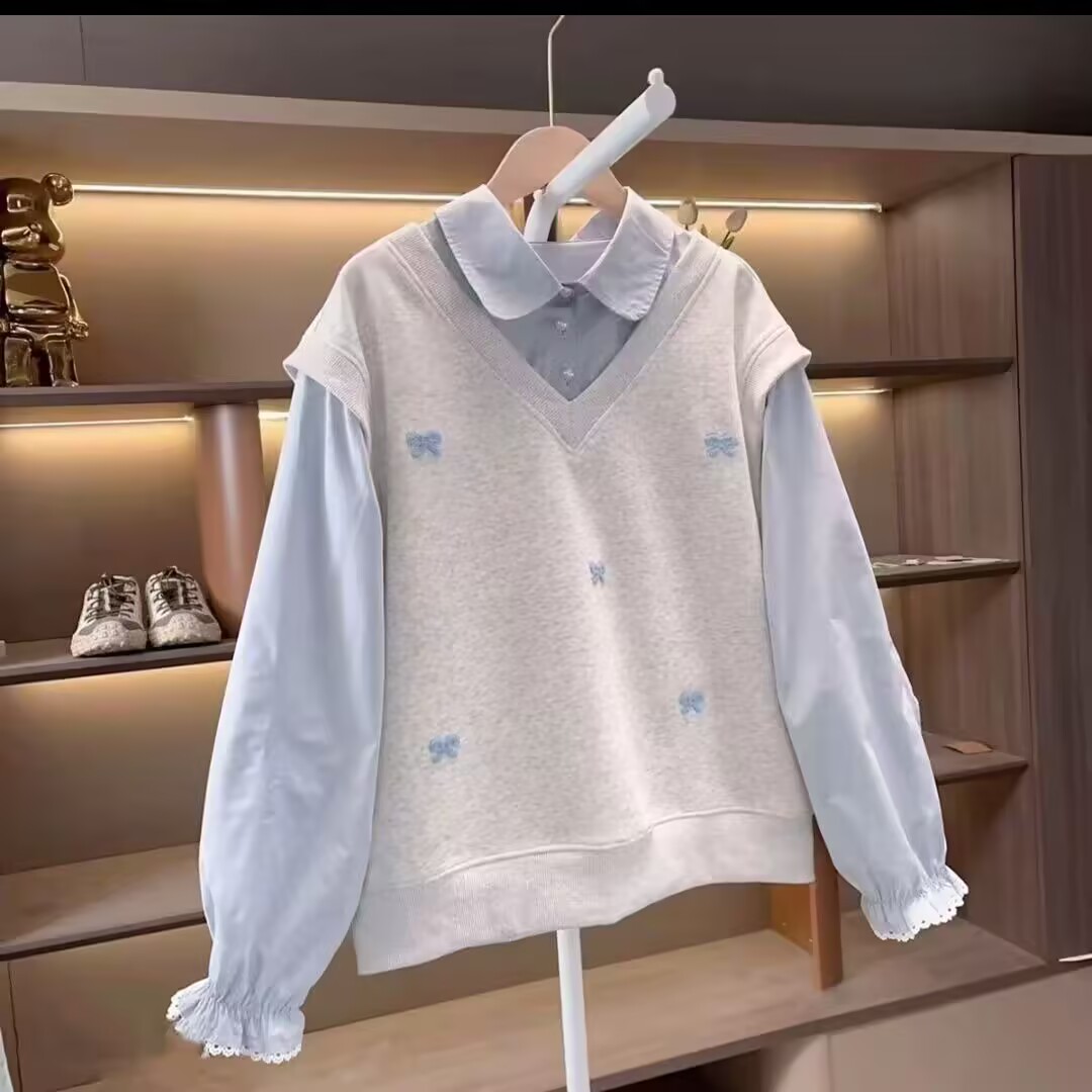 女童假两件衬衫卫衣秋装新款儿童洋气休闲长袖上衣中大童女孩春秋