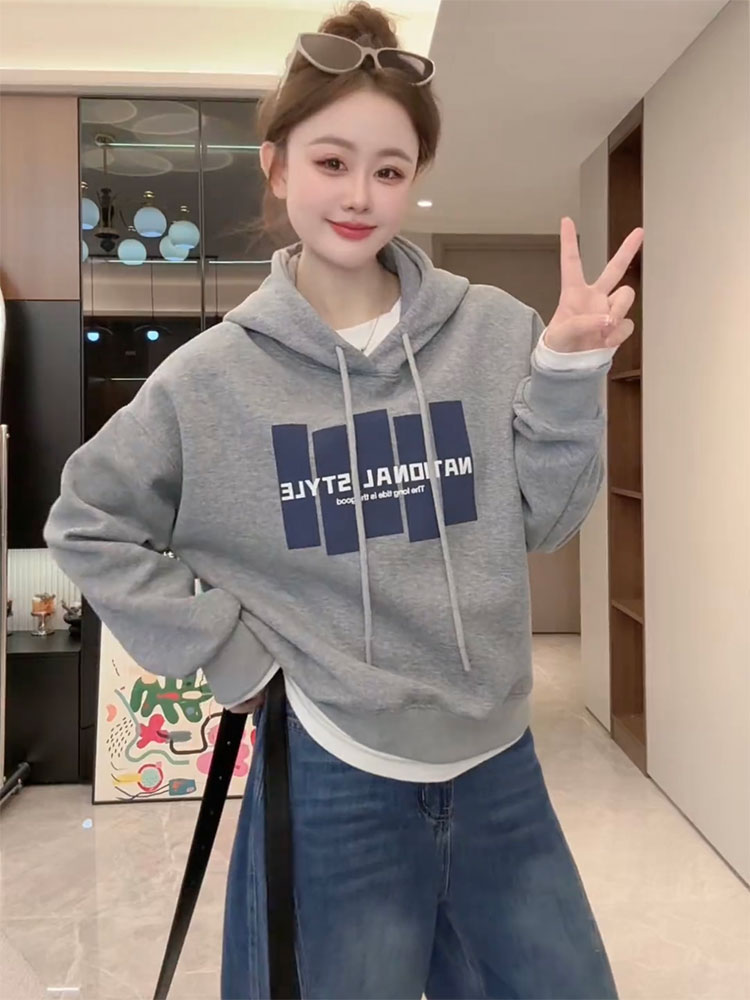 字母爆款印花连帽卫衣女2025秋季新款韩系休闲百搭慵懒风长袖上衣